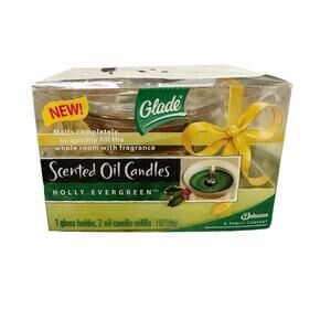 Glade Scented Oil Candles Glass Holder & (2) Two Candles Holly Evergreen New